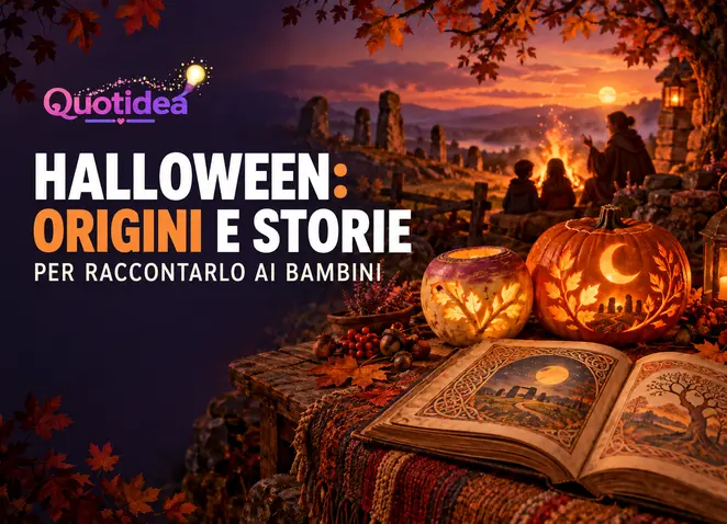 Bambini ascoltano una storia accanto al fuoco con zucca, rapa intagliata e libro illustrato di Halloween