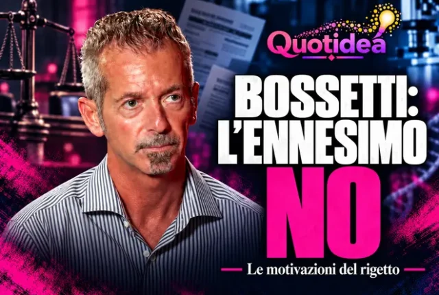 Massimo Bossetti accanto al titolo “Bossetti: l’ennesimo NO”, con logo Quotidea e sfondo con bilancia della giustizia e laboratorio.