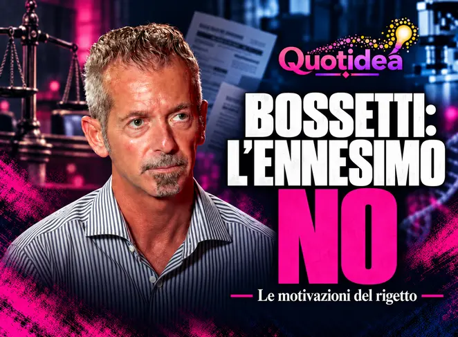 Massimo Bossetti accanto al titolo “Bossetti: l’ennesimo NO”, con logo Quotidea e sfondo con bilancia della giustizia e laboratorio.