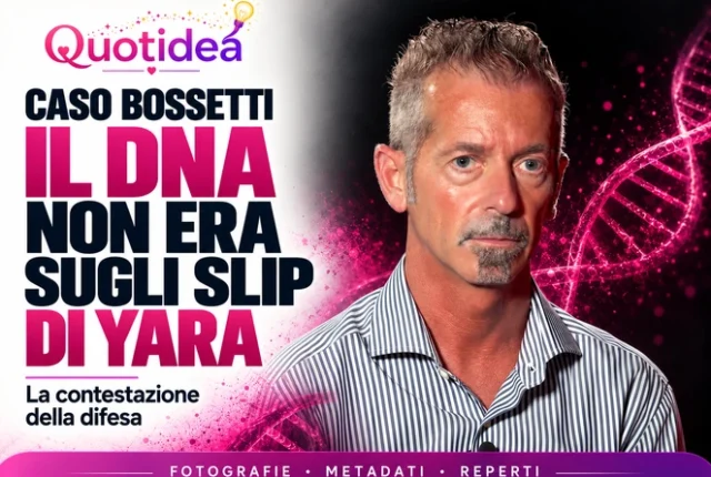 Copertina Quotidea con Massimo Bossetti, una doppia elica e il titolo “Il DNA non era sugli slip di Yara”.