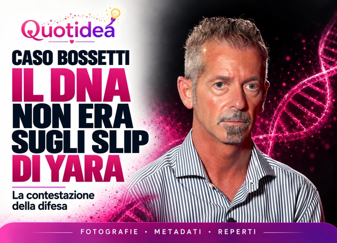 Copertina Quotidea con Massimo Bossetti, una doppia elica e il titolo “Il DNA non era sugli slip di Yara”.