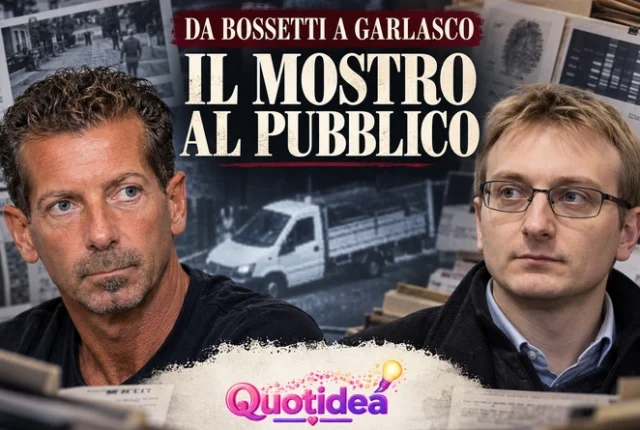 Copertina illustrativa con i volti di Massimo Bossetti e Alberto Stasi, un furgone sullo sfondo, documenti e logo Quotidea.