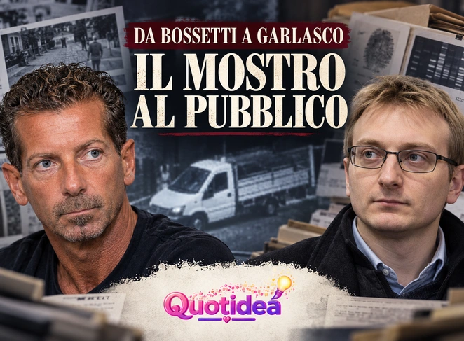 Copertina illustrativa con i volti di Massimo Bossetti e Alberto Stasi, un furgone sullo sfondo, documenti e logo Quotidea.