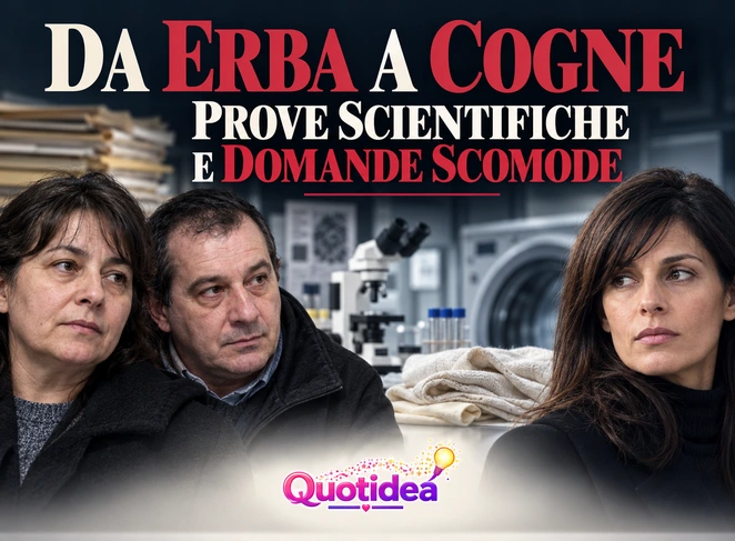 Copertina illustrativa con Rosa Bazzi, Olindo Romano e Annamaria Franzoni, sullo sfondo un laboratorio e una lavatrice, con logo Quotidea.