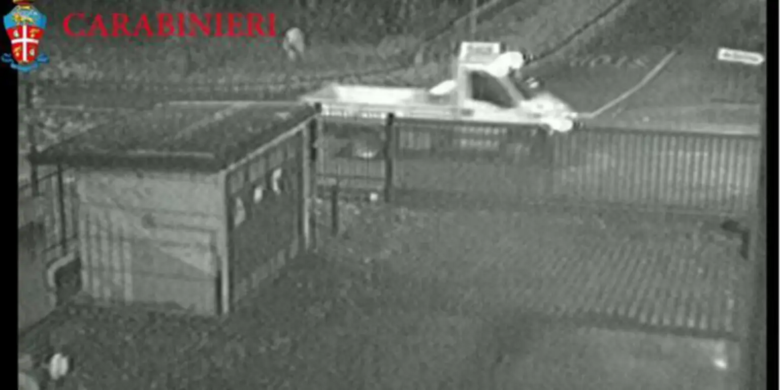 Ripresa notturna di una telecamera di sorveglianza con un autocarro chiaro dietro una recinzione e il logo dei Carabinieri.