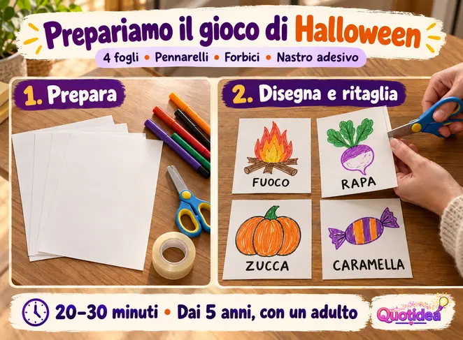 Materiali e quattro cartoncini con disegni di fuoco, rapa, zucca e caramella.