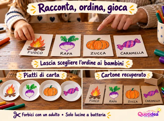 Bambino e adulto ordinano quattro cartoncini di Halloween; sotto, varianti con piatti di carta e cartone recuperato.