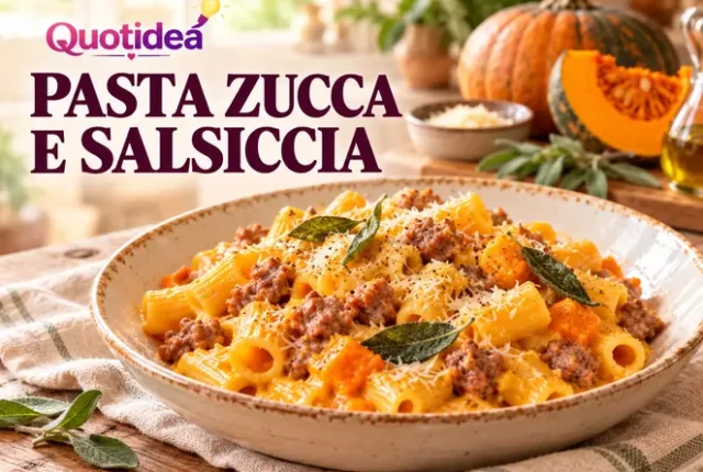 Piatto di rigatoni con zucca, salsiccia, salvia e formaggio grattugiato su una tavola in legno.