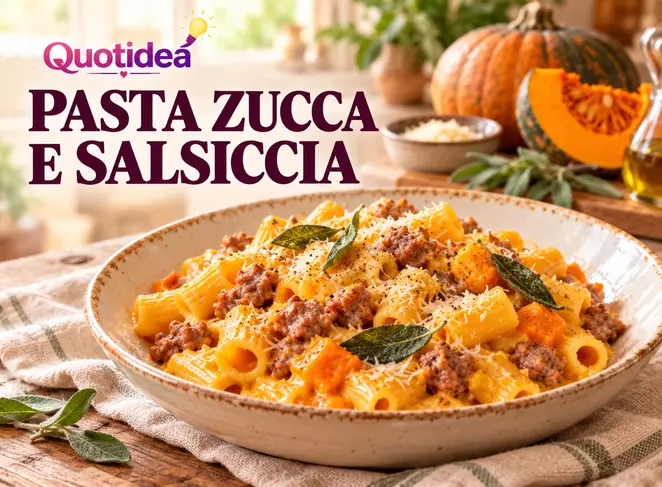 Piatto di rigatoni con zucca, salsiccia, salvia e formaggio grattugiato su una tavola in legno.