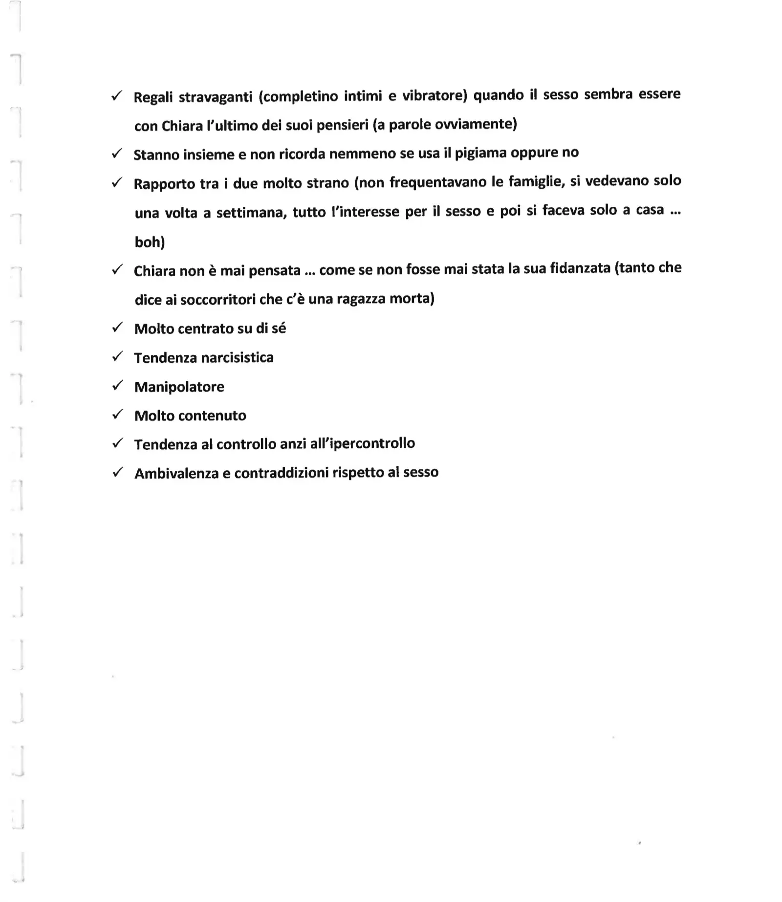 Pagina della valutazione psicologica su Alberto Stasi con un elenco di giudizi sulla personalità e sul rapporto con Chiara Poggi.