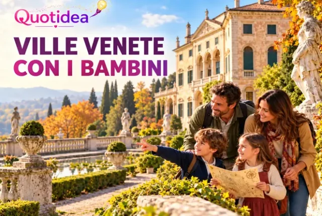 Famiglia con due bambini e una mappa nel giardino di una villa veneta, tra statue e colori autunnali.