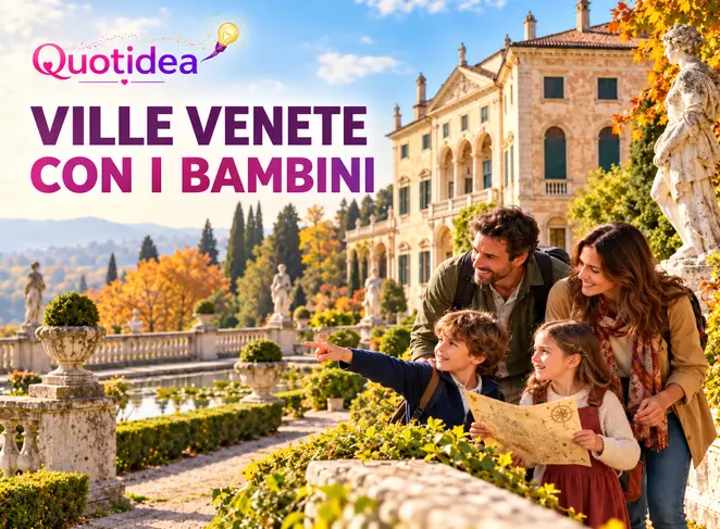Famiglia con due bambini e una mappa nel giardino di una villa veneta, tra statue e colori autunnali.